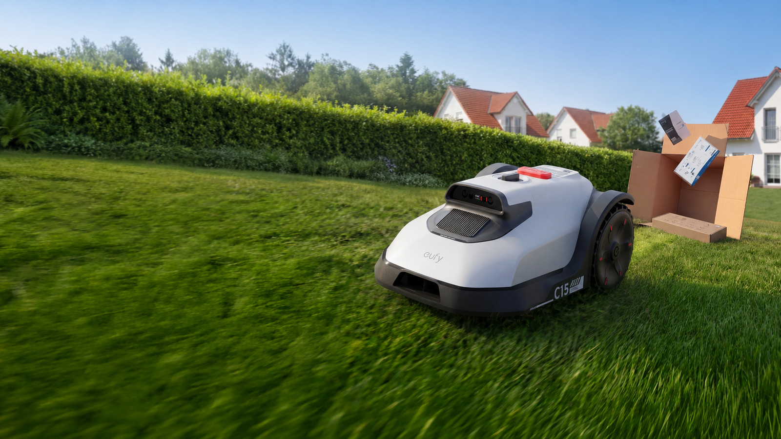 eufy Mähroboter C15 beim automatischen Rasenmähen im Garten