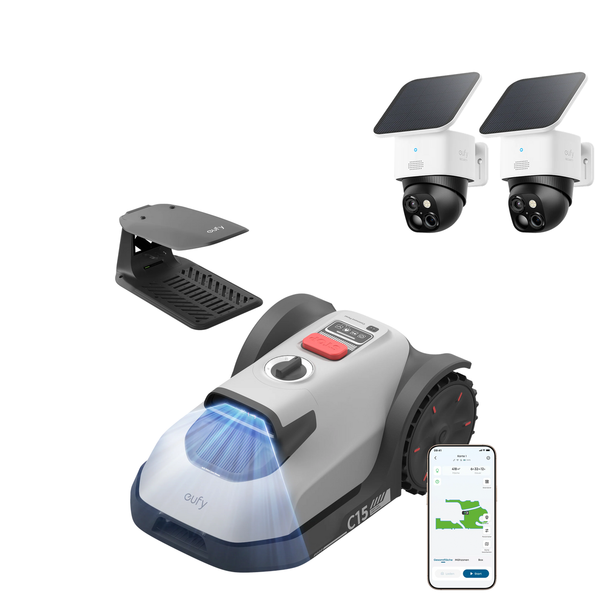 eufy Mähroboter C15 Standard mit Garage und eufyCam Solo S340 kabellose Überwachungskamera für Außen mit Dual‑Kamera und Solarpanel (2er‑Pack)