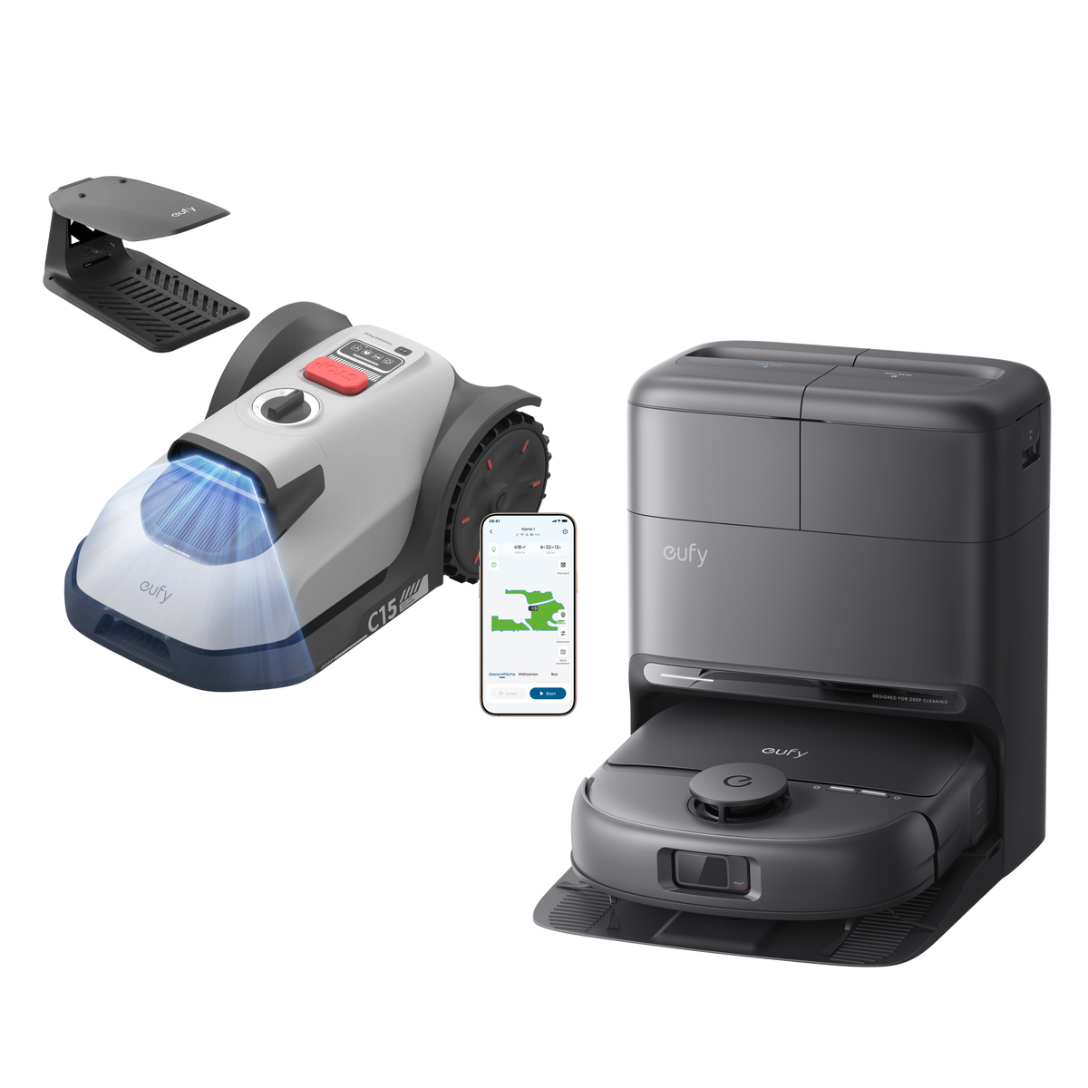 eufy Mähroboter C15 Standard mit Garage & Saugroboter C28 mit Wischfunktion Set